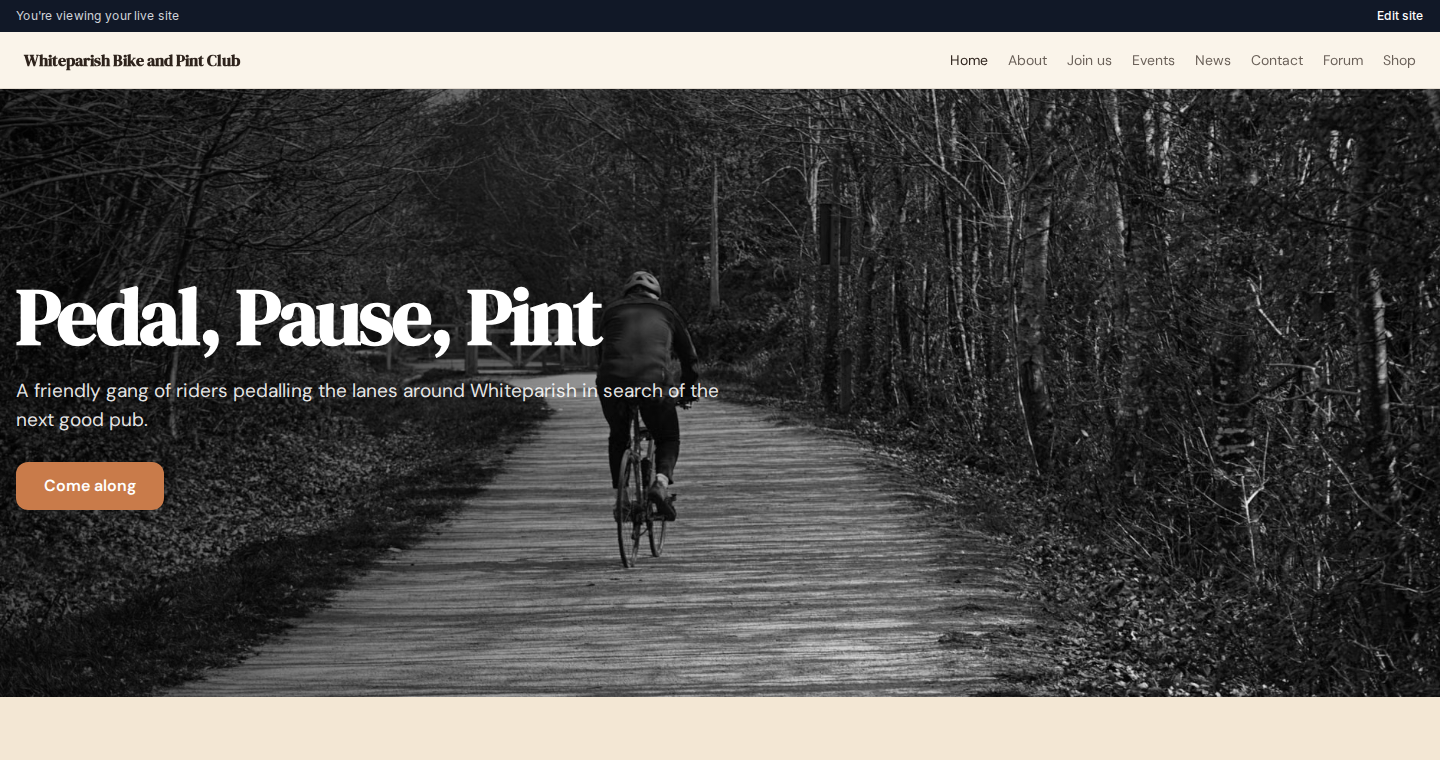 Whiteparish Bike and Pint Club — an example site designed by Natterio's AI