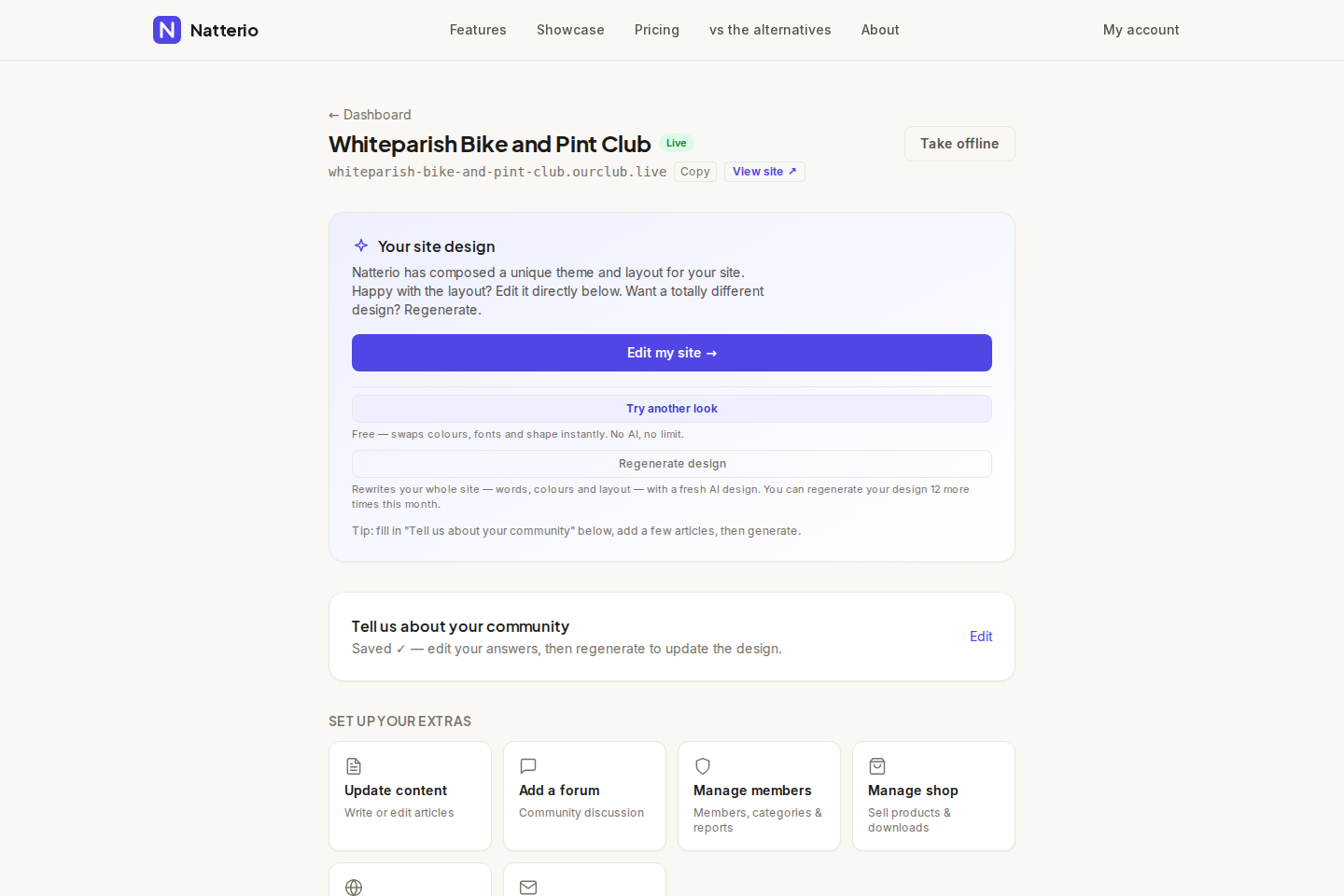 The Natterio site dashboard, showing the "Your site design" panel with Try another look and Regenerate design controls