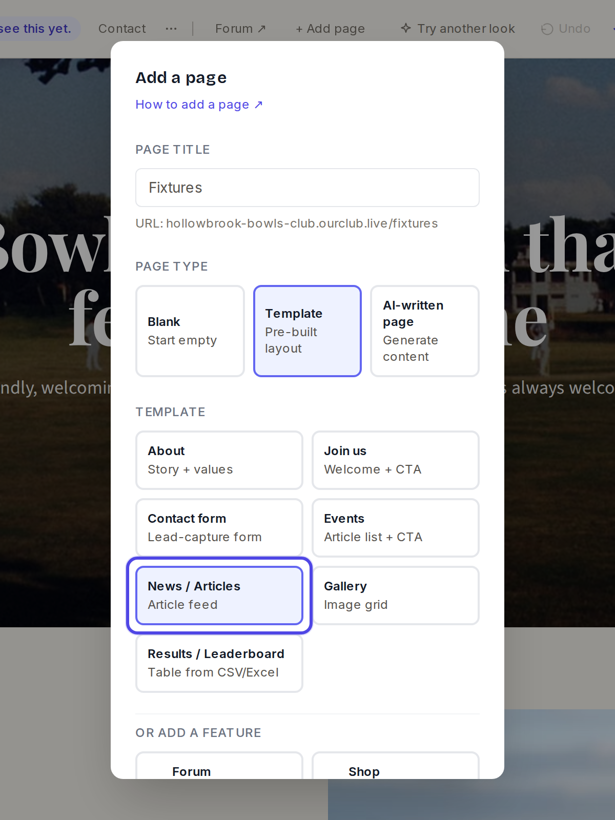 The Add a page window with the News / Articles template selected