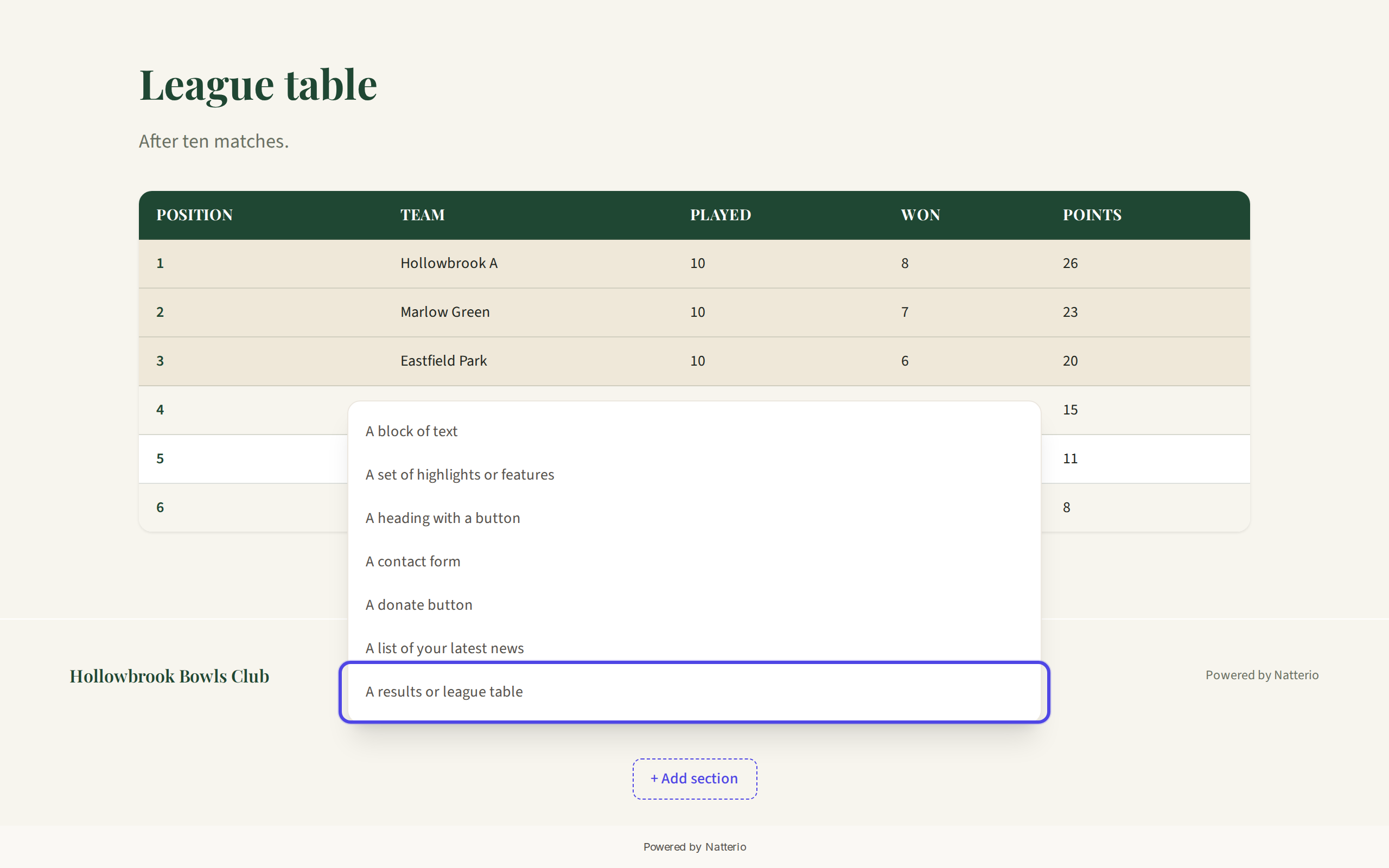 The Add section menu with the results table option highlighted