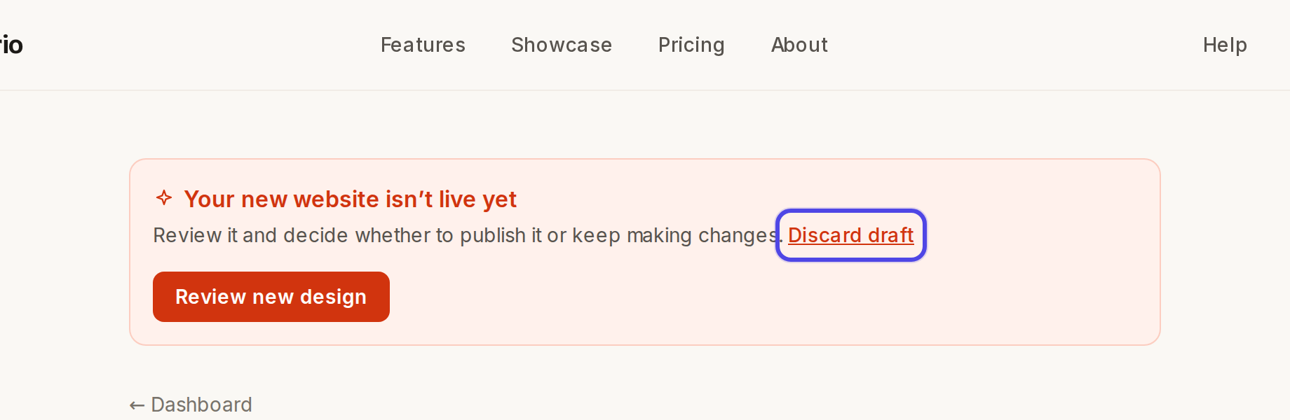 The dashboard banner with Discard draft