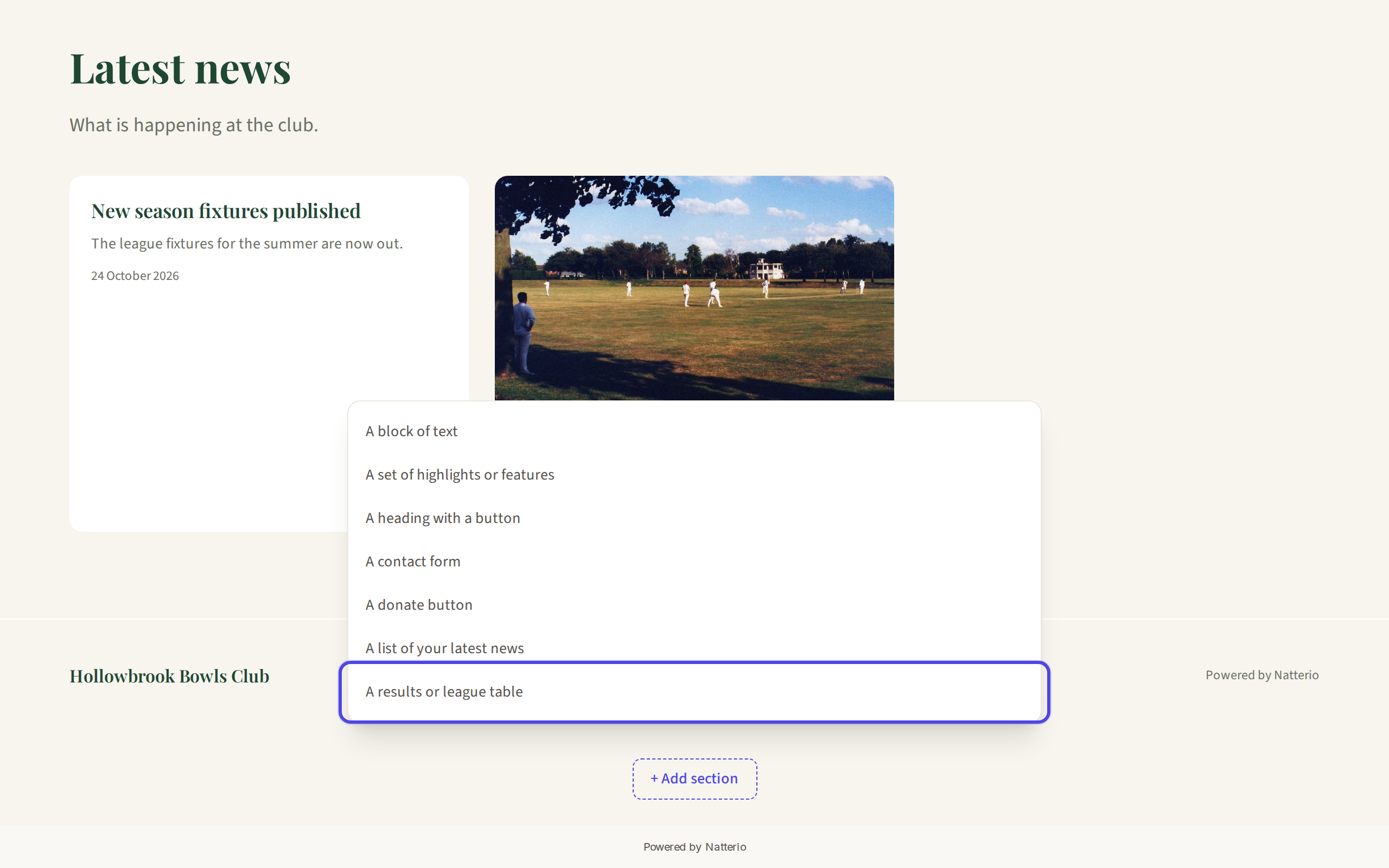 The Add section menu