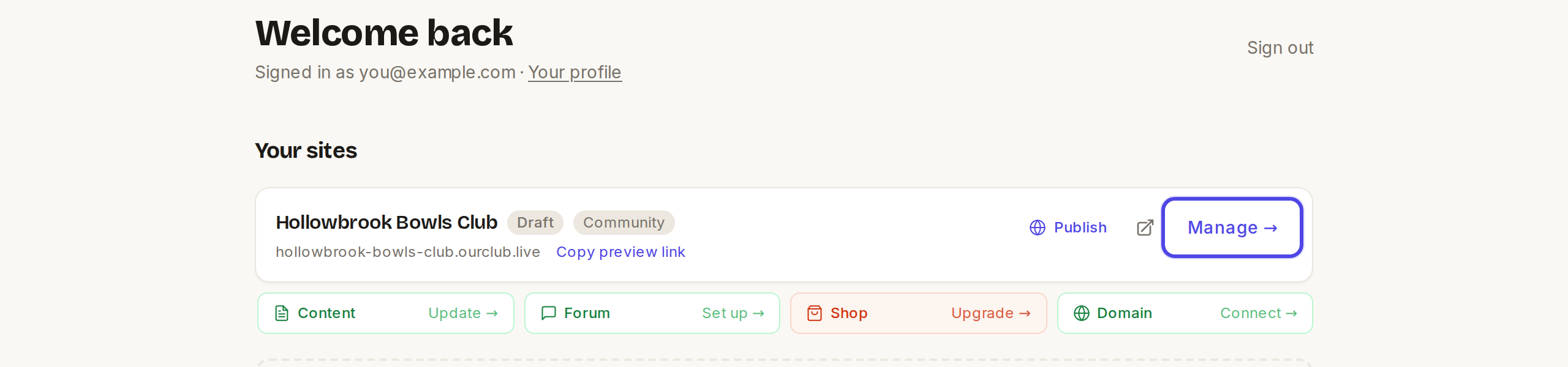 Your site card on the dashboard, with Manage highlighted