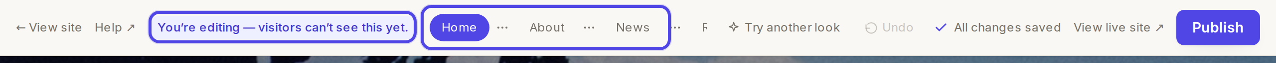 The editor top bar, showing the editing message and the page tabs