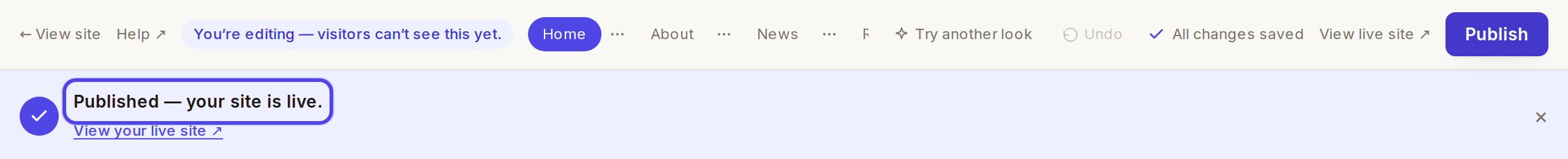 The confirmation message after publishing