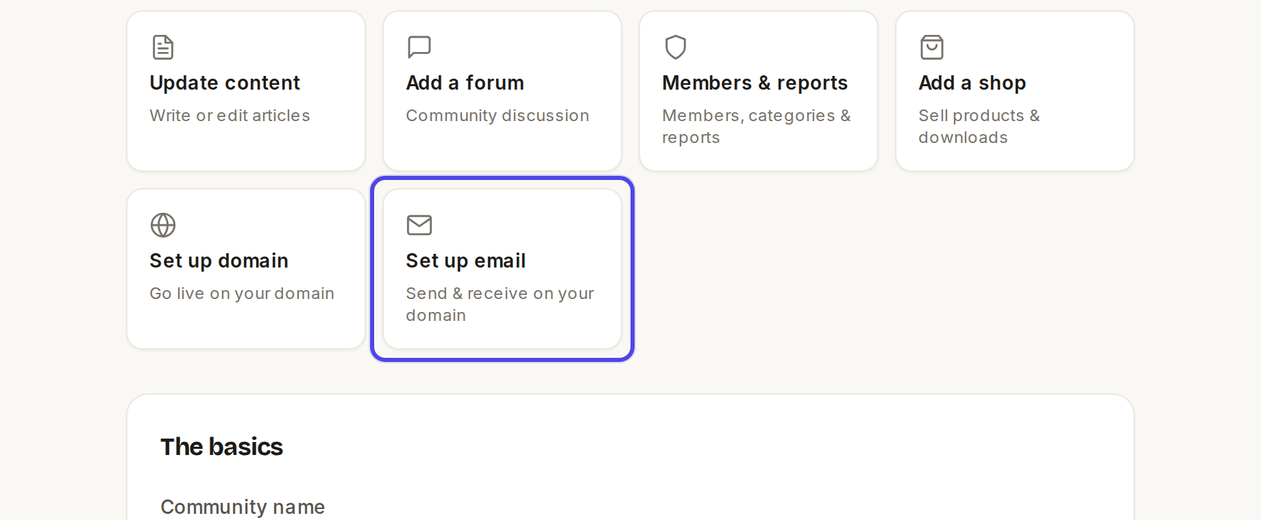The Set up email tile on the site page