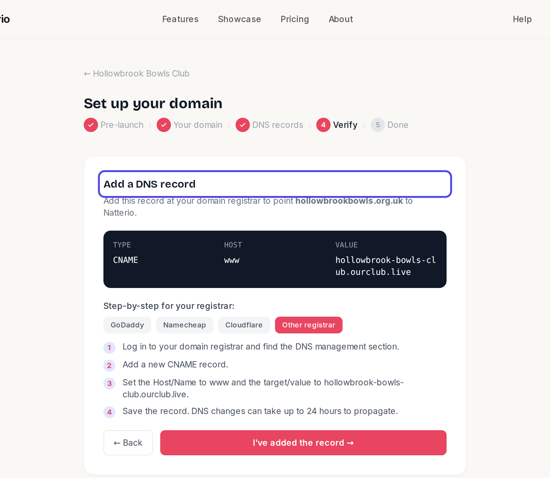 The record to add at your registrar
