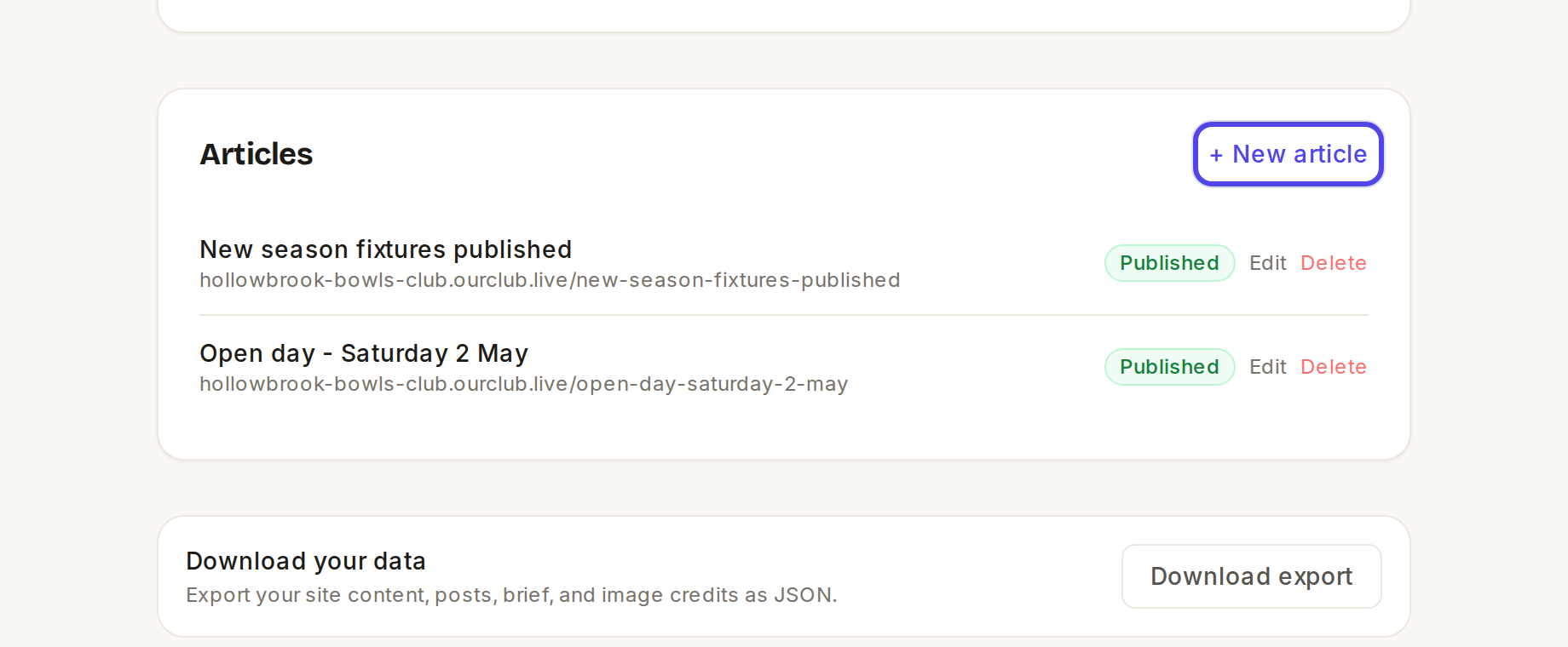 The Articles section with + New article highlighted